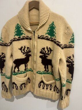 Vintage 70s Cowichan Reindeer Knit Chunky Heavyweight Cardigan Sweater LARGE L